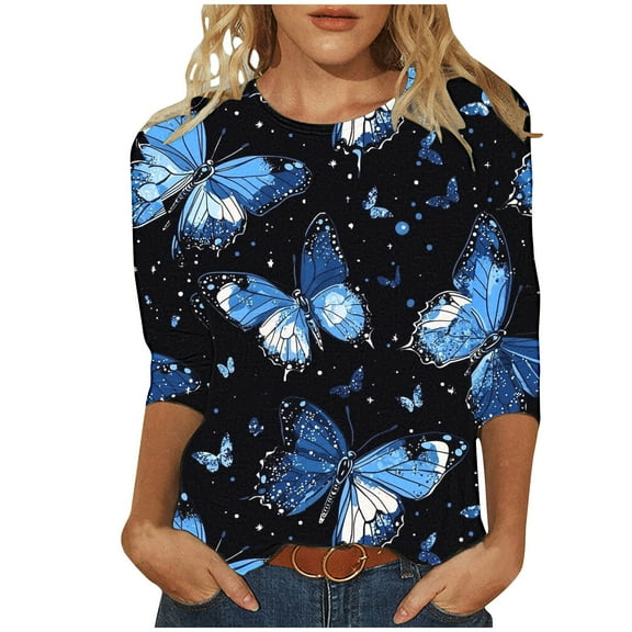 Women's Summer T-Shirts New Floral Print Shirts Round Neck Casual 3/4 Length Sleeve Pullover Tops