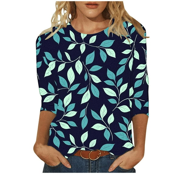 Women's Summer T-Shirts New Floral Print Shirts Round Neck Casual 3/4 Length Sleeve Pullover Tops