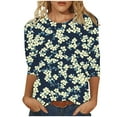 thumbnail image 1 of Women's Summer T-Shirts New Floral Print Shirts Round Neck Casual 3/4 Length Sleeve Pullover Tops, 1 of 1