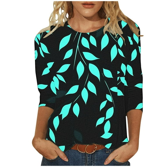 Women's Summer T-Shirts New Floral Print Shirts Round Neck Casual 3/4 Length Sleeve Pullover Tops