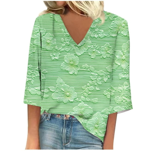 Women's Summer T Shirts Printed V-Neck 3/4 Sleeve Tops Casual Loose Trendy Office Work Blouses Tops