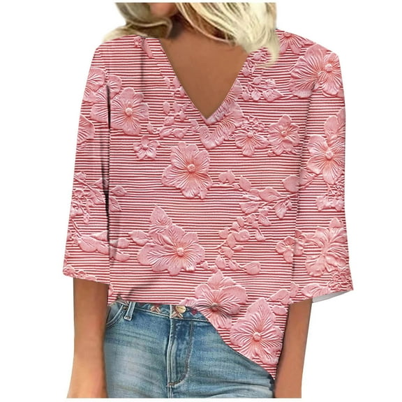 Women's Summer T Shirts Printed V-Neck 3/4 Sleeve Tops Casual Loose Trendy Office Work Blouses Tops