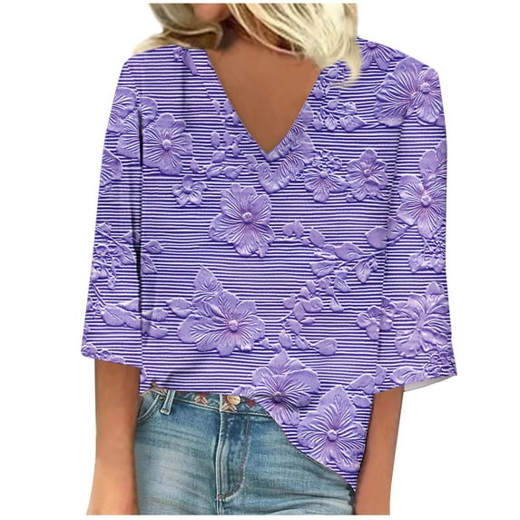 Women's Summer T Shirts Printed V-Neck 3/4 Sleeve Tops Casual Loose Trendy Office Work Blouses Tops