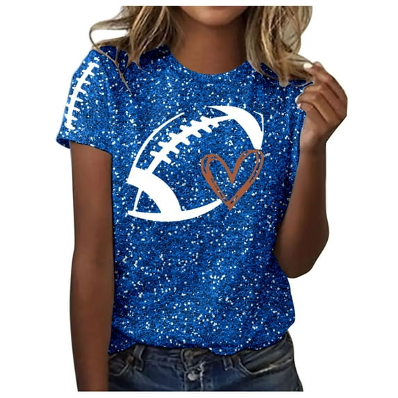 Women's Summer T Shirts Sequin Football Graphic Printed Crew Neck Tee Tops Casual Classic Fit Workout Pullover Basic Tees