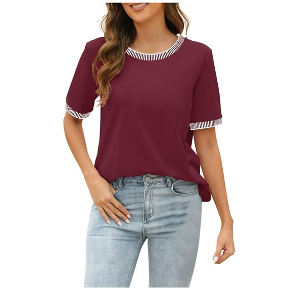 Women's Summer T-Shirts Short Sleeve Striped Color Block Crewneck Loose Casual Tee Comfortable Breathable Fashion Top