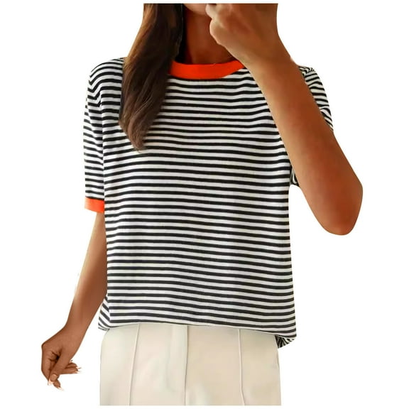 Women's Summer T-Shirts Striped Casual Crew Neck Short Sleeve Basic Tee Loose Soft Comfortable Tops (2XL, Orange)
