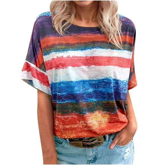 Women's Summer T Shirts Striped Crew Neck Short Sleeve Casual Loose Tops Fashion Color Block Going out Tee (S, Red)