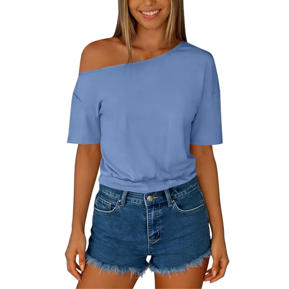 Women's Summer T Shirts Top Oversized Cotton Like Crewneck Off Shoulder Cropped Short Sleeve Top Casual Solid Round Neck Lightweight Comfy Tee Shirt