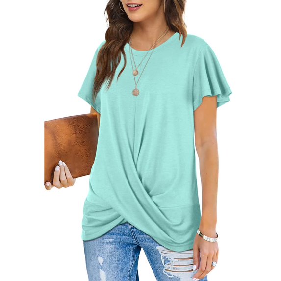 Women's Summer T Shirts Twist Knot Crewneck Short Sleeve Casual Tunics Tops