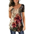 thumbnail image 1 of Women's Summer T-Shirts V Neck Short Sleeve Button Down Floral Print Pleated Pullover Casual Loose Tops (M, Green), 1 of 6