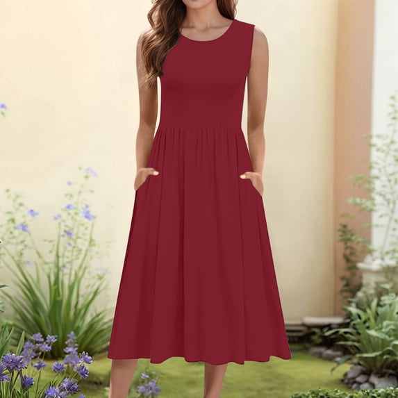 Women's Summer Tank Midi Dress With Pockets Sleeveless A Line Dress Casual Floral T Shirt Dress Flowy Beach Swing Dress for Women Turtleneck Dress Womens Casual Long Dresses All Summer Dresses Casual
