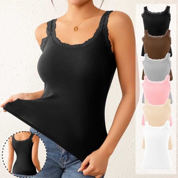 Women's Summer Tank Top Lace Trim Ribbed Scoop Neck Cami Tees Comfort Sleeveless Basic Layering Wear (XL, Black)