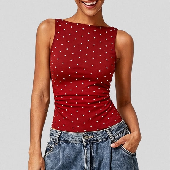 Women's Summer Tank Top with Polka Dots Gathered Waist and Tie-Back Fitted