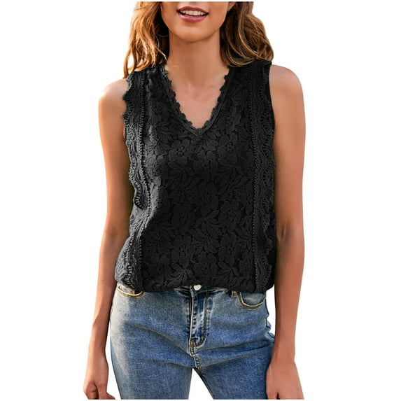 Women's Summer Tank Tops Casual Floral Lace V Neck Sleeveless Y2k Tunic Blouse Loose Fitted Beach Holiday Dressy T Shirts