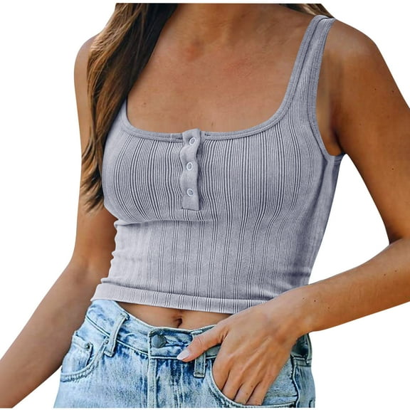 Women's Summer Tank Tops Casual Ribbed Square Neck Sleeveless Basic Shirts Slim Fit Button down Blouses Tees
