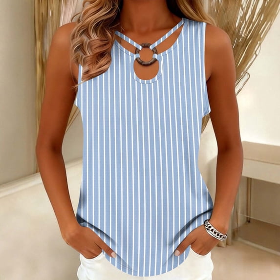 Women's Summer Tank Tops Cotton Like Cut Out Ring Keyhole Neck Sleeveless T Shirts Womens Casual Printed Round Neck Lightweight Comfy Wide Strap Camisole Tanks