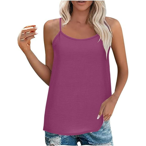 Women's Summer Tank Tops Crew Neck Spaghetti Strap Camisole Casual Loose Fit Solid Color Tunic Basic Shirts (L, Hot Pink)