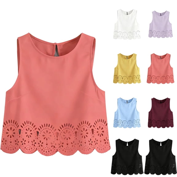 Women's Summer Tank Tops Hollow Out Scallop Trim Sleeveless Vest Crop Top Purple 2XL