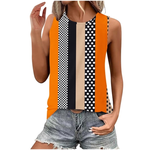 Women's Summer Tank Tops Loose Fit Crew Neck, Casual Sleeveless Shirts Lightweight Printed S-2XL