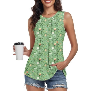 Women's Summer Tank Tops Pleated Round Neck Sleeveless Tops