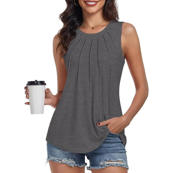 Women's Summer Tank Tops Pleated Round Neck Sleeveless Tops