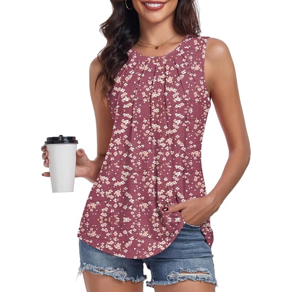Women's Summer Tank Tops Pleated Round Neck Sleeveless Tops