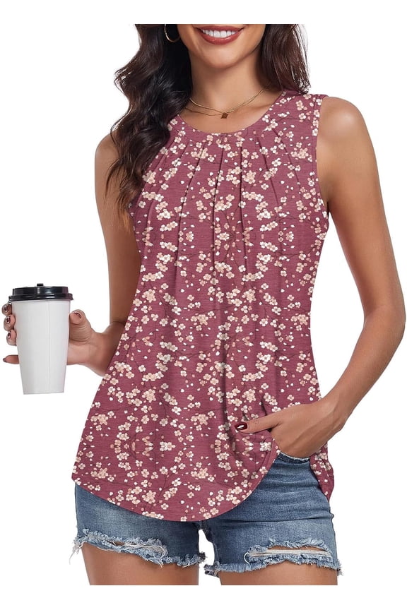 Women's Summer Tank Tops Pleated Round Neck Sleeveless Tops