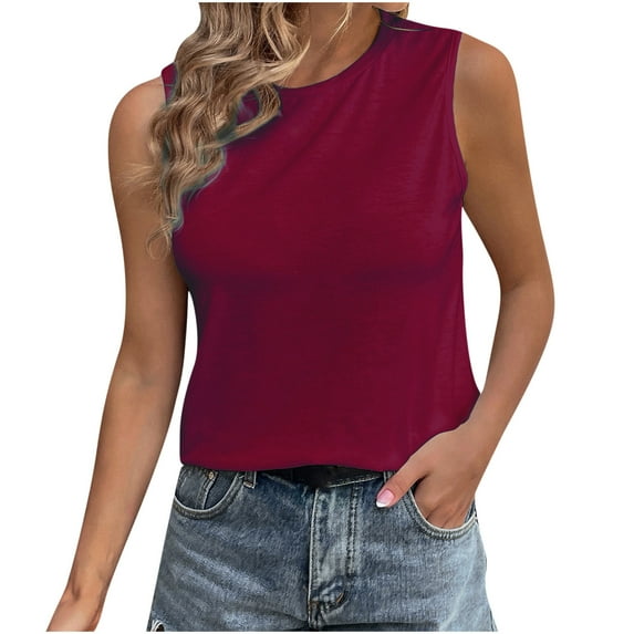 Women's Summer Tank Tops Round Neck Solid Color Sleeveless Basic Blouses Vest Casual Loose Fit Workout Tee Shirts