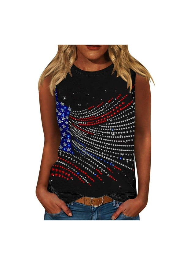 Women's Summer Tank Tops Sparkly American Flag Sleeveless Shirt Plus Size 4th of July Patriotic Cami Blouses Glitter USA Flag Star Stripes T-Shirt Memorial Day Costumes Independence Day Summer Tops