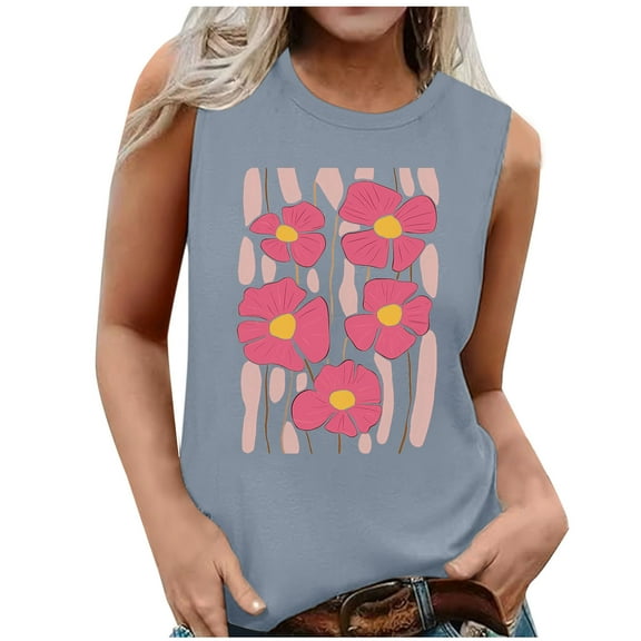 Women's Summer Tank Tops Trendy Flower Printed Crew Neck Sleeveless Shirts Casual Loose Fit Blouses Beach Tees (L, Gray 1)