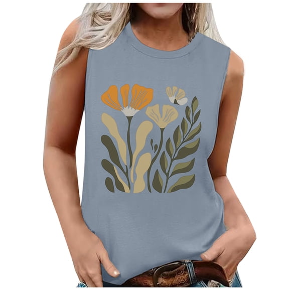 Women's Summer Tank Tops Trendy Flower Printed Crew Neck Sleeveless Shirts Casual Loose Fit Blouses Beach Tees (L, Gray)