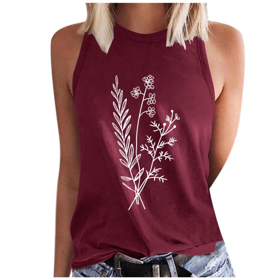 Women's Summer Tank Tops Trendy Flower Printed Crew Neck Sleeveless Shirts Casual Loose Fit Blouses Beach Tees (L, Wine 3)