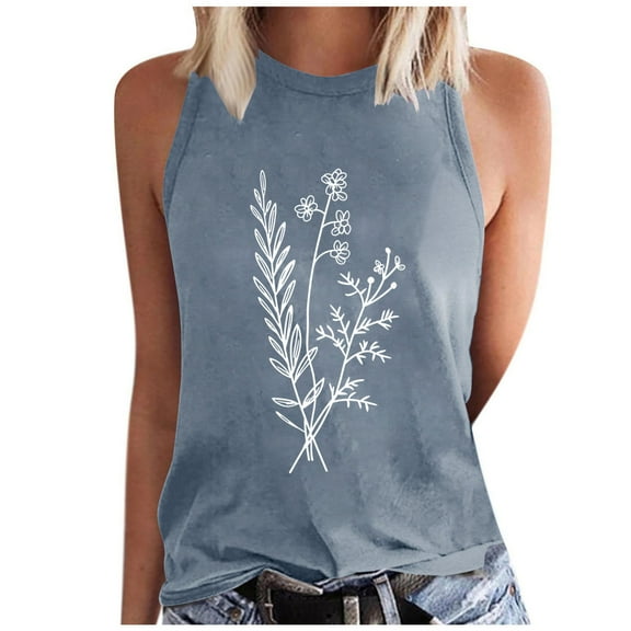 Women's Summer Tank Tops Trendy Flower Printed Crew Neck Sleeveless Shirts Casual Loose Fit Blouses Beach Tees (M, Gray 3)
