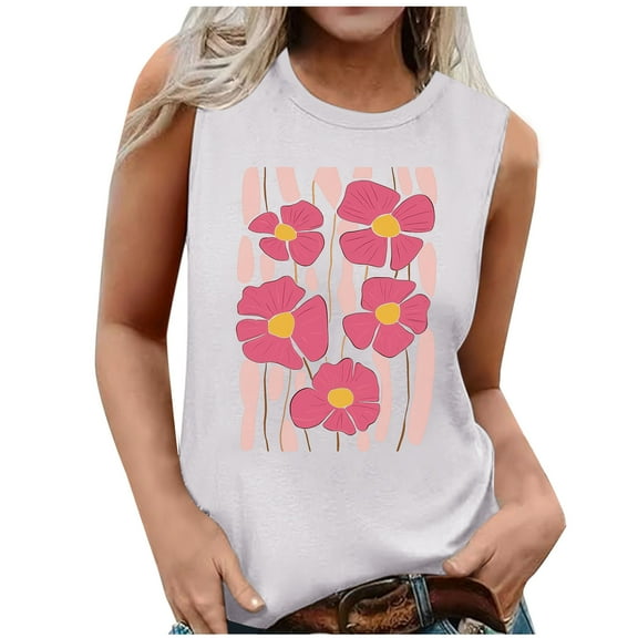 Women's Summer Tank Tops Trendy Flower Printed Crew Neck Sleeveless Shirts Casual Loose Fit Blouses Beach Tees (S, White 1)