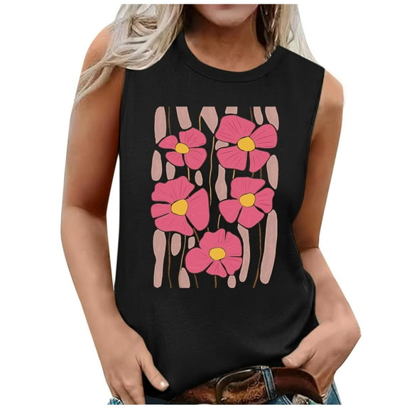 Women's Summer Tank Tops Trendy Flower Printed Crew Neck Sleeveless Shirts Casual Loose Fit Blouses Beach Tees (XL, Black 1)