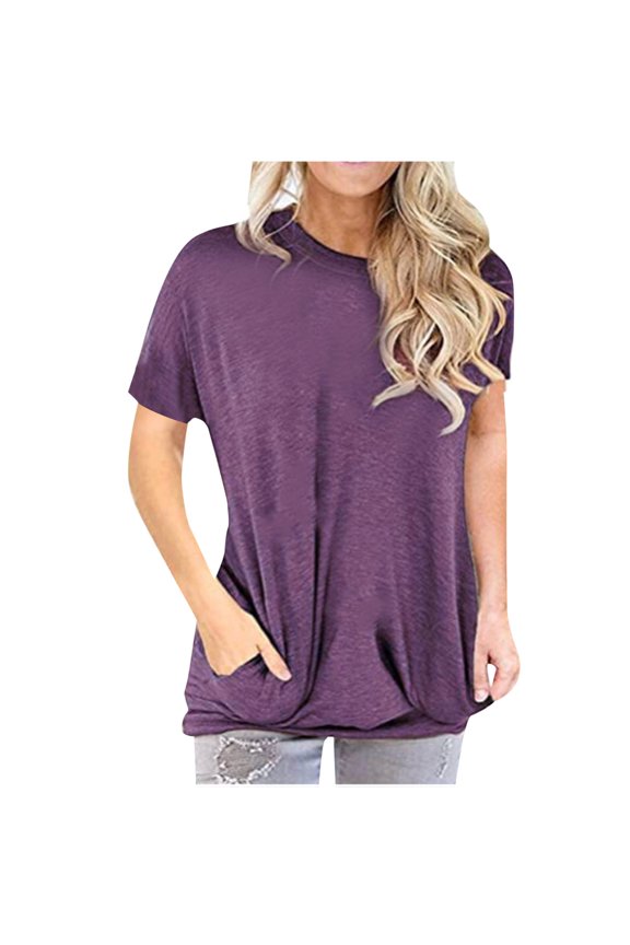 Women's Summer Tee Casual Blouse Short Sleeve Round Neck T Shirts Sweatshirts Loose Fit Pullover Tops Pocket Shirts