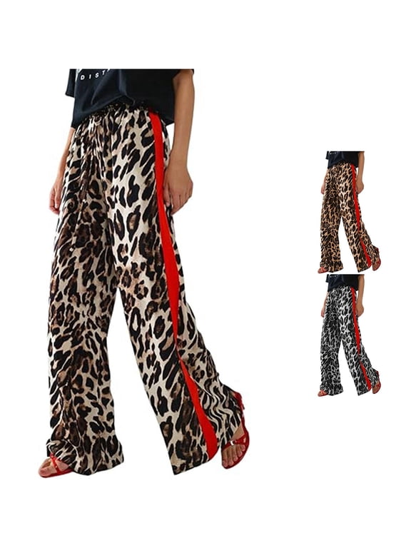 Women's Summer Thin Casual Pants Leopard Print Side Stripe Trousers