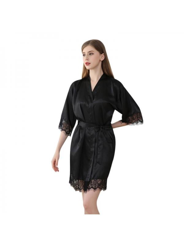 Women s Summer Thin Faux Silk Bathrobe Satin Robes Short Three quarter Sleeve Makeup Dressing Gown Walmart