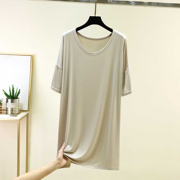 Women's Summer Thin Nightgown Short Sleeve Soft Knit Sleep Dress Oversized Fitting Casual Indoor Nightwear Khaki One Size