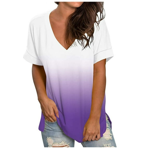 Women's Summer Tie Dye V Neck Tshirt Tops Casual Trendy Loose Fit Tunic Tees Ladies Short Sleeve Comfy Plus Size Blouses