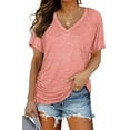 thumbnail image 1 of New Women's Summer Top Bat Sleeve Side Pleated V-neck Short Sleeved Women's T-shirt Pure Color Casual Tops T-shirts For Women, 1 of 2