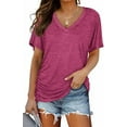 thumbnail image 1 of New Women's Summer Top Bat Sleeve Side Pleated V-neck Short Sleeved Women's T-shirt Pure Color Casual Tops T-shirts For Women, 1 of 2