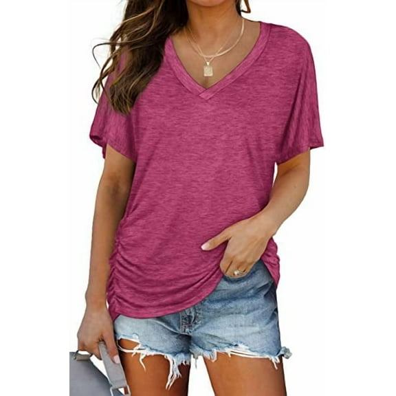New Women's Summer Top Bat Sleeve Side Pleated V-neck Short Sleeved Women's T-shirt Pure Color Casual Tops T-shirts For Women
