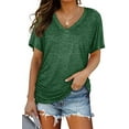 thumbnail image 1 of New Women's Summer Top Bat Sleeve Side Pleated V-neck Short Sleeved Women's T-shirt Pure Color Casual Tops T-shirts For Women, 1 of 2