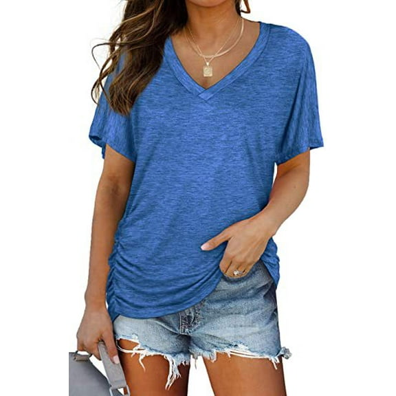 New Women's Summer Top Bat Sleeve Side Pleated V-neck Short Sleeved Women's T-shirt Pure Color Casual Tops T-shirts For Women