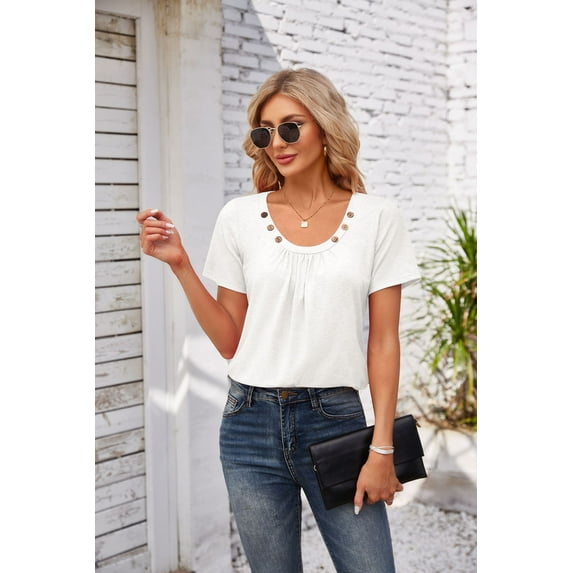 New Women's Summer Top Button Square Collar Pleated Solid Color Loose Fitting T-shirt Multiple Colors Available Tops