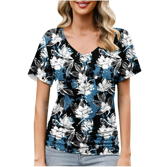 Women's Summer Top Casual Shirts V Neck Short Sleeve T-Shirts Fashion Floral Print Loose Blouses Pullover Spring Tunic Tops for Women