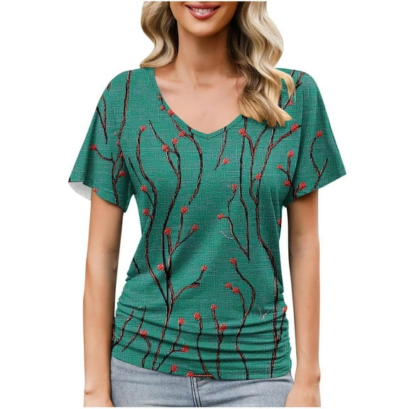 Women's Summer Top Casual Shirts V Neck Short Sleeve T-Shirts Fashion Floral Print Loose Blouses Pullover Spring Tunic Tops for Women