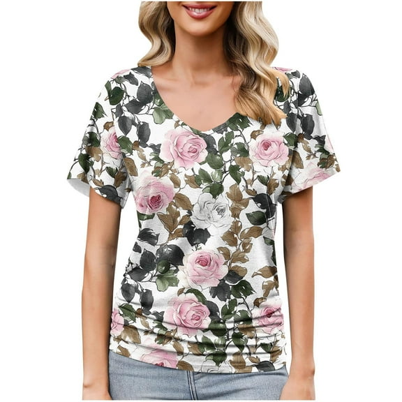 Women's Summer Top Casual Shirts V Neck Short Sleeve T-Shirts Fashion Floral Print Loose Blouses Pullover Spring Tunic Tops for Women