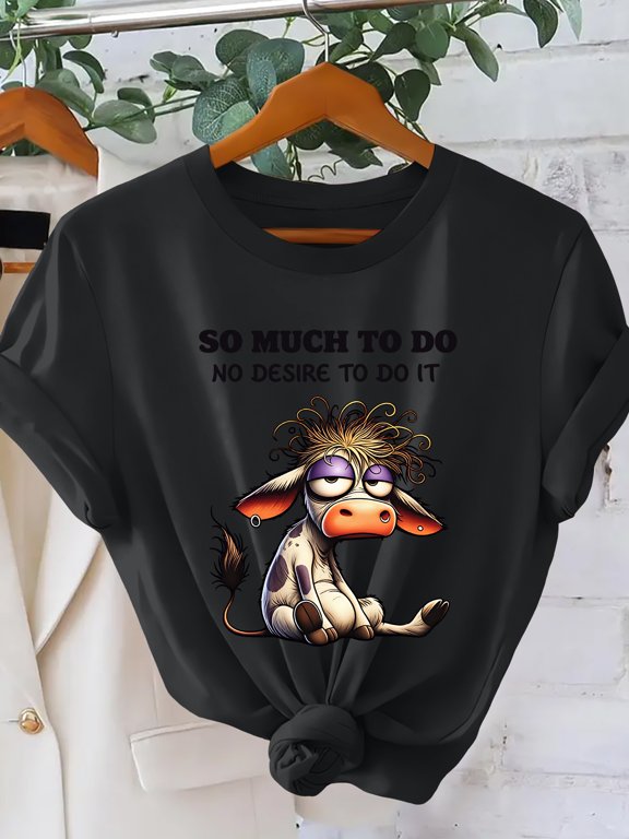 Women's Summer Top Lazy Sleepy Calf Funny English Cartoon Print T-Shirt Grumpy Cute Style Crew Neck Short Sleeve